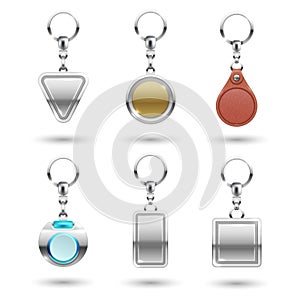 Realistic vector silver, golden, leather keychains in different shapes isolated on transparent background