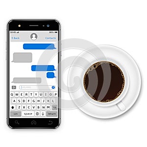 Realistic vector smartphone with sms chat on screen and coffee cup on a white background