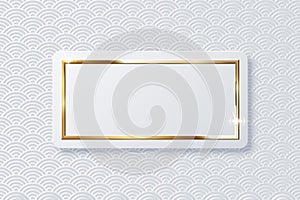 Realistic vector sparkling shiny glowing golden rectangle on white button isolated on abstract chinese traditional