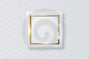 Realistic vector sparkling shiny glowing golden square on white button isolated on abstract chinese traditional oriental
