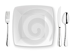 Realistic vector spoon, fork, knife and dish plate closeup on white background. Design template or mock up. Top
