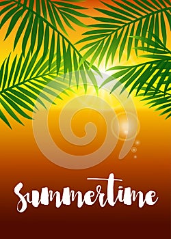 Realistic vector summer sunset poster with palm leaf