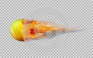 Realistic vector Tennis ball in fire on transparent background.