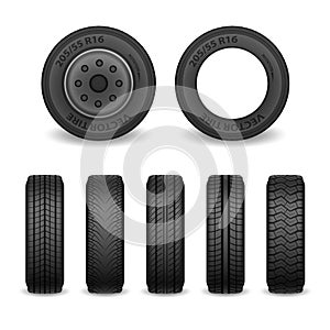 Realistic vector tires set. Car tires with different tread marks. Vector wheel icons