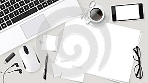 Realistic Vector Top office table with laptop cup of coffee, papers, pencil, tablet.