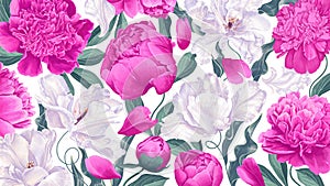 Realistic vector tulips and pink peonies desktop wallpaper for computers, laptops, tablets.