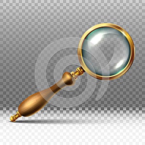 Realistic vector vintage magnifying glass with golden details and wooden handle. Isolated icon illustration