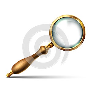 Realistic vector vintage magnifying glass with golden details and wooden handle. Isolated icon illustration on white background