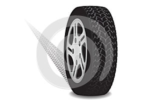 Realistic vector wheel with tyre track, metal rim and detailed rubber print