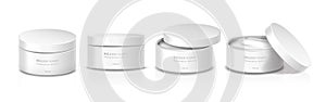 realistic vector white cosmetic cream jars in front view with open and closed cap.