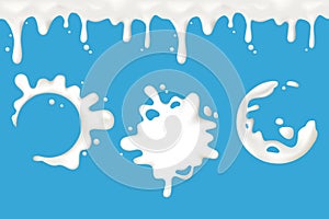 Realistic vector white milk or yoghurt blots and splash set, dripping liquid drips seamless. Vector design for desserts