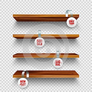 Realistic vector wooden store shelves, supermarket promotional wobblers. Product shelf with advertising wobbler. Grocery