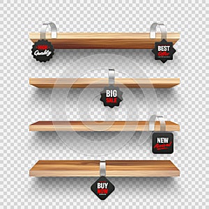 Realistic vector wooden store shelves, supermarket promotional wobblers. Product shelf with advertising wobbler. Grocery