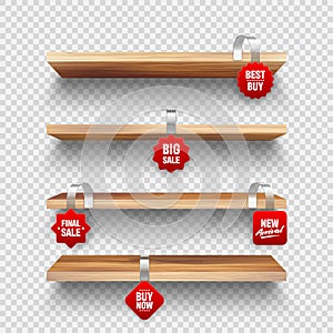 Realistic vector wooden store shelves, supermarket promotional wobblers. Product shelf with advertising wobbler. Grocery