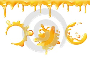 Realistic vector yellow sweet honey blots and splash set, dripping honey syrup drips seamless. Vector design or desserts