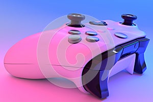 Realistic video game controller in neon lights on white table background