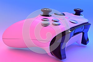 Realistic video game controller in neon lights on white table background