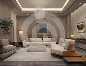 Realistic villa interior midcentury style design.