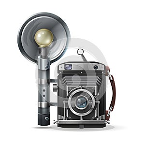 Realistic vintage retro camera with flare. Vector illustration.