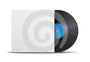 Realistic vintage vinyl record with blank cover isolated on white background. Mock up template for your design. Gramophone LP