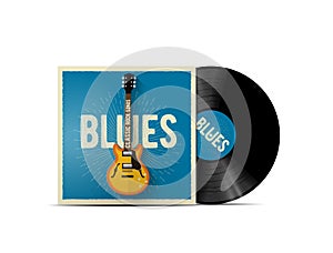 Realistic vinyl disc mockup with blues music cover with classic electric guitar on it. Works for blues rock playlist or album