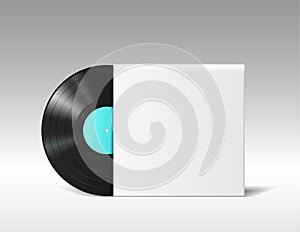 Realistic vinyl disc mockup in empty blank music album cover isolated on white background