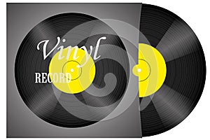 A realistic vinyl record with a cover. Disco. Retro design. Foreground. Music. Live music.