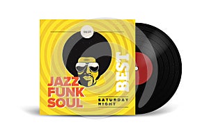 Realistic Vinyl Record with Cover Mockup. Disco party. Retro design. Front view.