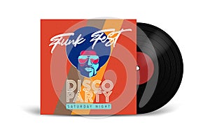 Realistic Vinyl Record with Cover Mockup. Disco party. Retro design. Front view.