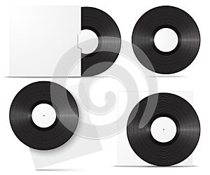 Realistic vinyl record in sleeve. Blank mock up set on white background. Vector illustration
