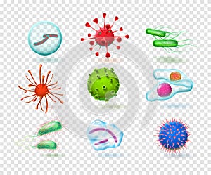 Realistic viruses. bacteria germs microorganism. 3d microscopic infection cells. Vector isolated set