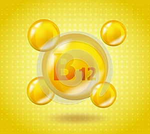 Realistic Vitamin B12 Cyanocobalamin design. Yellow nutrition illustration concept. 3D Vitamin complex B12