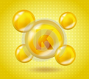 Realistic Vitamin K Phylloquinone design. Yellow nutrition illustration concept. 3D Vitamin complex K Phylloquinone