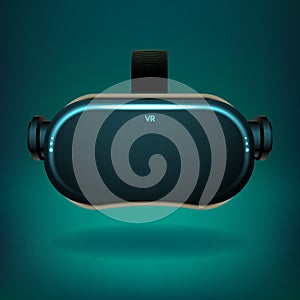 Realistic VR headset blue and black colors with the word vr on it.