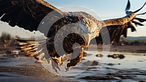 Realistic Vray Tracing: Majestic Eagle Soaring Over Water