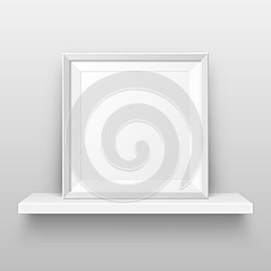 Realistic wall shelf with empty picture frame. Poster mockup for design. Vector Illustration.