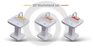 Realistic wash basin, top view. Washstand set. Sinks with faucets of different colors