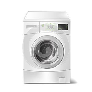 realistic washing machine with smart display on white background. Electric appliance for housework, laundry.