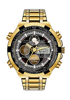 Realistic watch chronograph gold black face on white background luxury vector