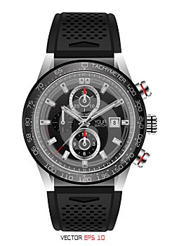 Realistic watch chronograph stainless steel black rubber clockwise red white fashion for men design luxury isolated vector