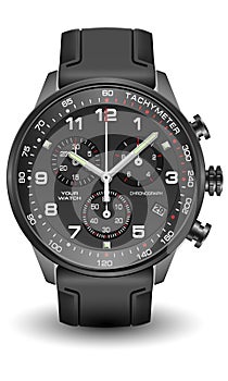 Realistic watch chronograph stainless steel black rubber clockwise red white fashion for men design luxury isolated vector