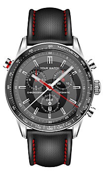 Realistic watch clock black face silver red arrow white number with fabric strap on isolated design classic luxury fashion for men