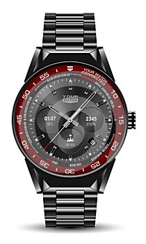 Realistic watch clock chronograph black red grey stainless steel design modern luxury fashion object for men on white background