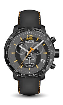 Realistic watch clock chronograph black steel leather strap dark grey yellow arrow on white design classic luxury vector