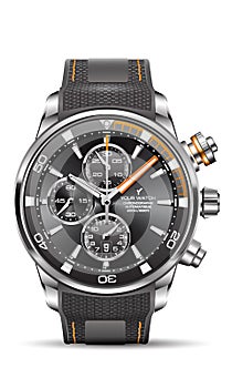 Realistic watch clock chronograph dark grey orange  rubber strap dial design for men fashion on white background vector