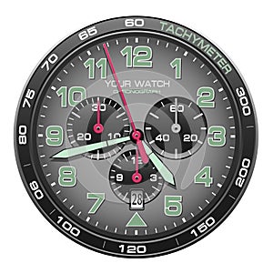 Realistic watch clock chronograph dashboard grey steel black green number pink arrow design luxury for men on white background