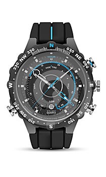 Realistic watch clock chronograph face black blue white number arrow rubber strap design classic luxury vector