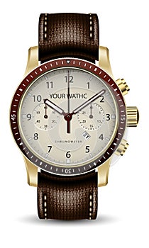 Realistic watch clock chronograph face gold dark brown leather strap on white design classic luxury vector
