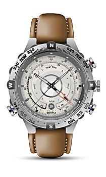 Realistic watch clock chronograph face silver brown leather strap on white design classic luxury