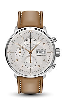 Realistic watch clock chronograph face silver brown leather strap on white design classic luxury vector